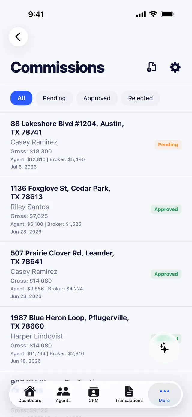 Commission approvals list in the Broker Simple iPhone app