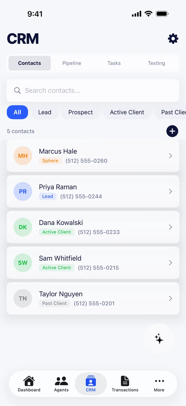 CRM contacts list in the Broker Simple iPhone app