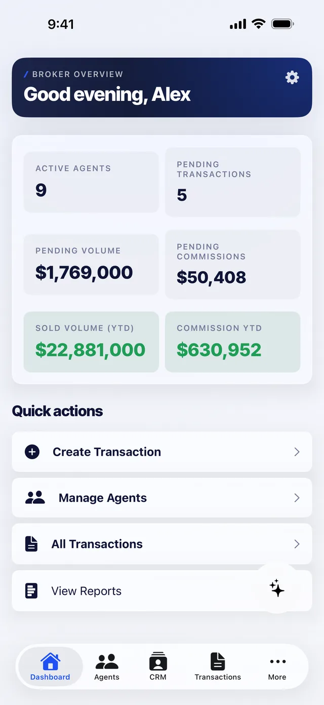Broker dashboard with live volume and commission stats in the Broker Simple iPhone app